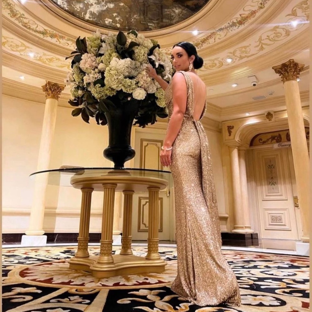 Jovani, elegant dress size 2,  sequins, tan,